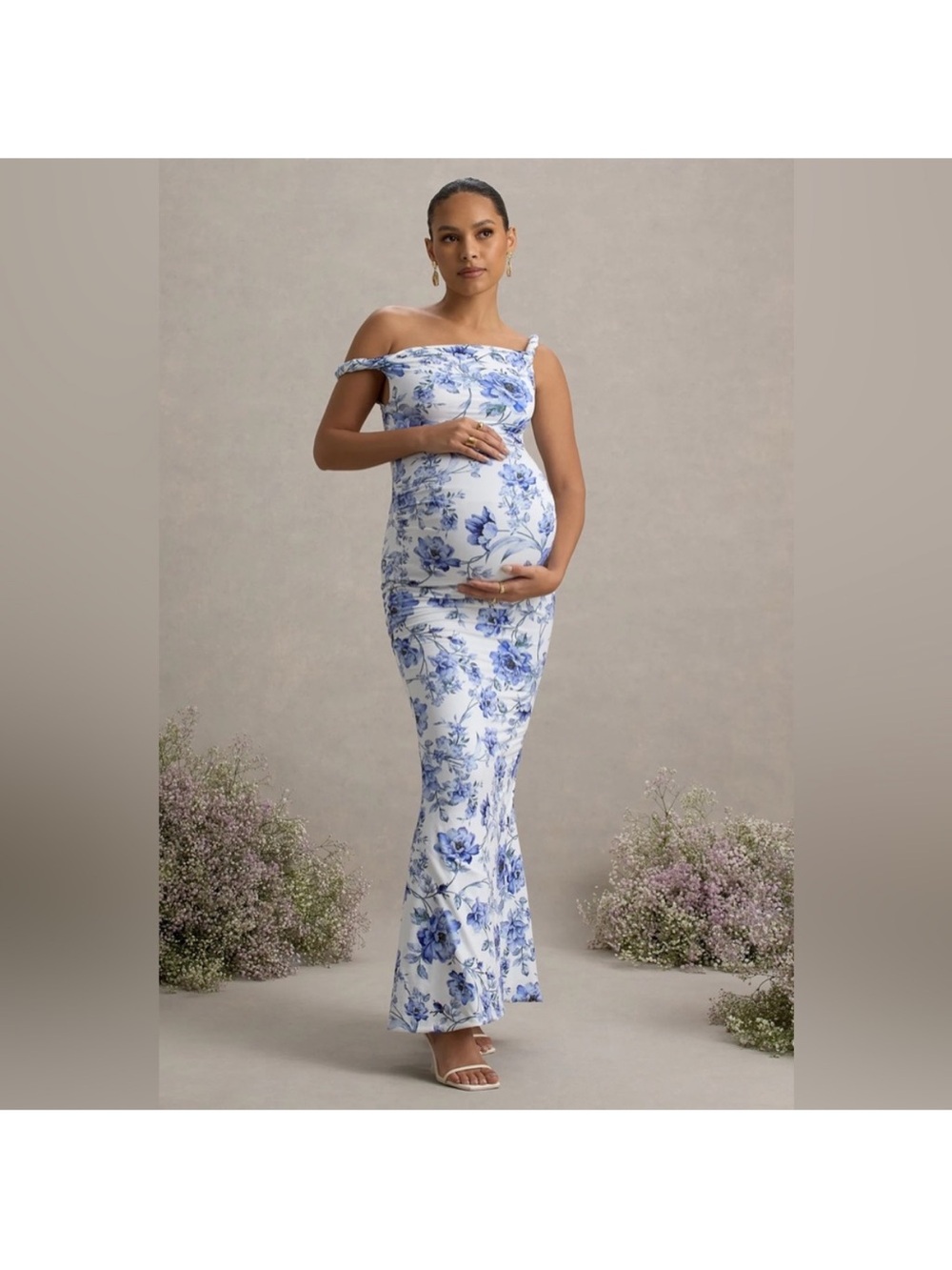 Blue Floral Off Shoulder Mermaid Maternity Baby Shower Maxi Dress